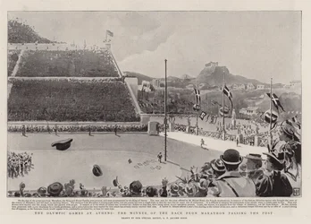 De Olympische Spelen in Athene, de winnaar van de marathonrace passeert de finish